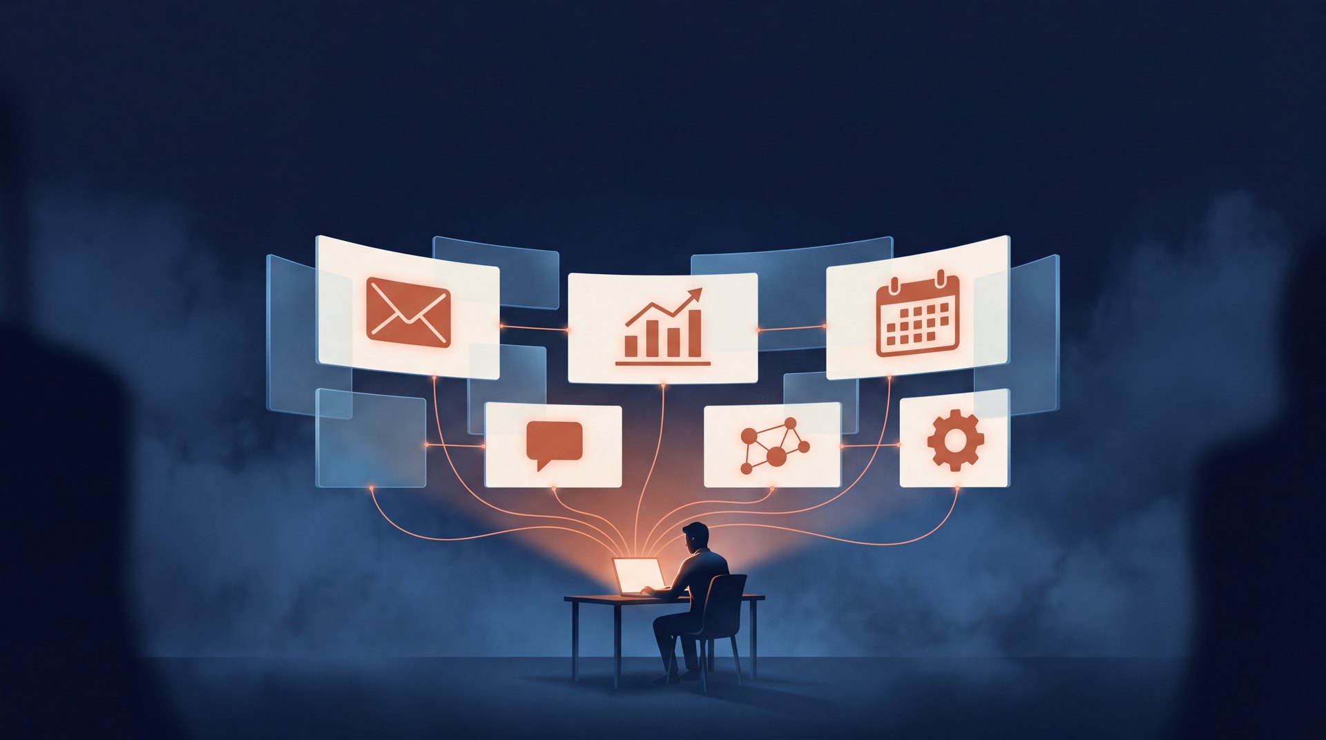 Ilustração: uma pessoa sozinha em uma mesa, e do laptop dela sobe um painel de telas conectadas cuidando de e-mail, vendas, agenda e automações