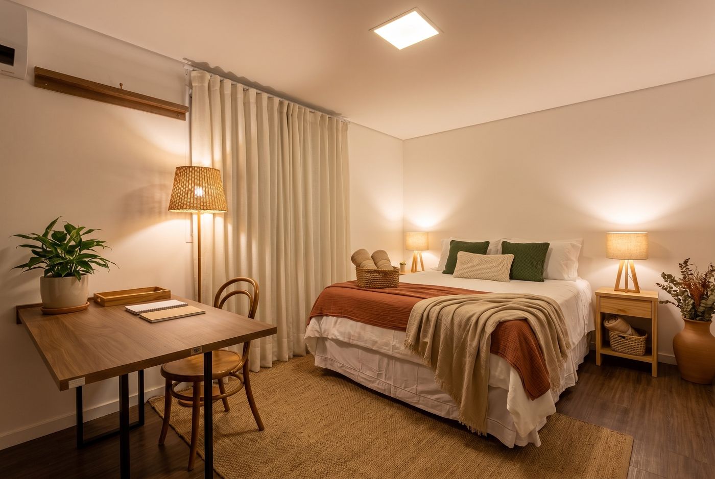 Proposta de decoração para a suíte, à noite: cortina fechada, luz de teto, um abajur de cada lado da cama e uma luminária de piso, todas no mesmo tom. Imagem conceitual gerada por IA.