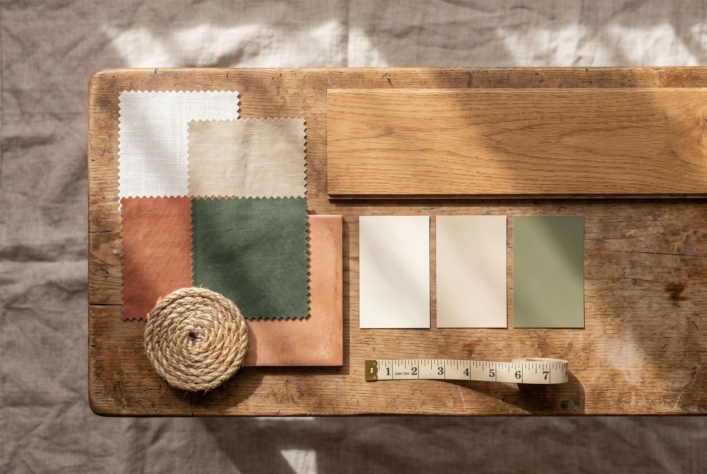 Um painel de referências sobre a mesa: quatro tecidos, uma placa cor de barro, uma corda de fibra, uma régua de madeira e três cartões de cor. Imagem conceitual gerada por IA.