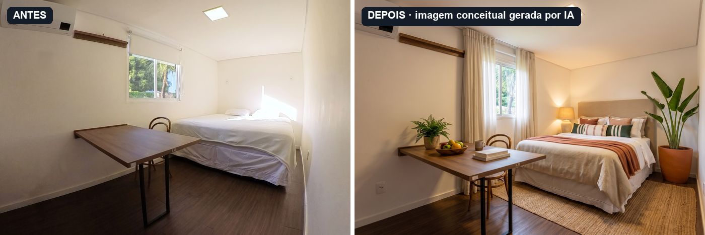 À esquerda, a foto de antes, o ambiente como estava. A suíte, como estava: a cama encostada no canto, sem cabeceira, a mesa fixa com uma cadeira e a persiana na janela. À direita, o depois. Proposta de decoração para a suíte: a cama fora do canto, com cabeceira estofada, tapete de fibra por baixo, cortina clara do teto ao piso e a mesa fixa com uma cadeira. Imagem conceitual gerada por IA.