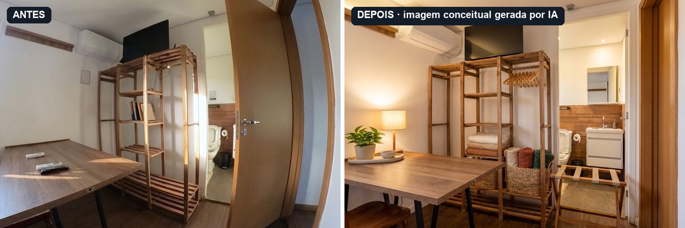 À esquerda, a foto de antes, o ambiente como estava. A guarda de roupa, como estava: a estante aberta de madeira ainda vazia, a televisão no alto e os controles sobre a mesa. À direita, o depois. A guarda de roupa aberta, na suíte: cabides de madeira iguais, mantas à vista e um suporte de mala dobrável ao lado. Imagem conceitual gerada por IA.