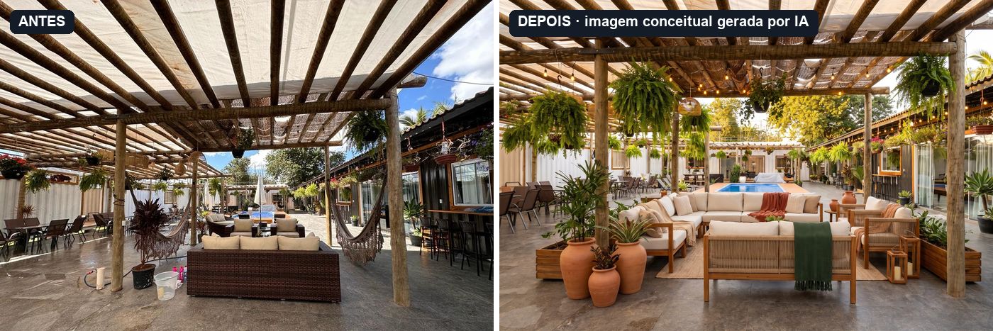 À esquerda, a foto de antes, o ambiente como estava. O estar sob o pergolado, num dia de limpeza: os sofás no lugar, a rede presa aos pilares e o material de serviço ainda no piso. À direita, o depois. O estar sob o pergolado: sofás de madeira e corda, um tapete de fibra que delimita o grupo e três vasos de barro juntos, ao pé do pilar. Imagem conceitual gerada por IA.