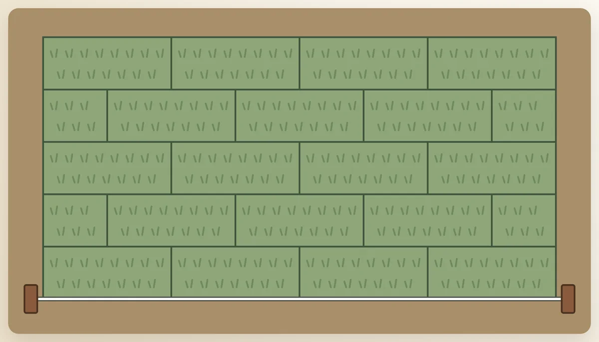 As placas de grama assentadas em desencontro, como tijolos, a partir de um barbante esticado