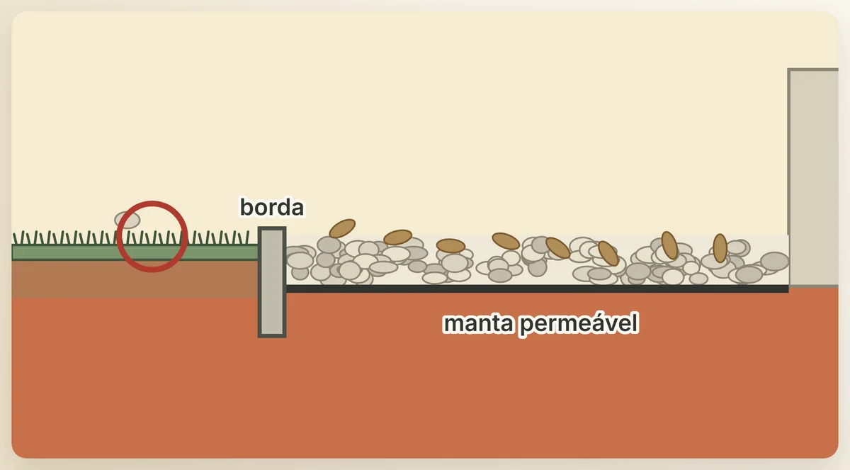 O pedrisco em corte: solo, manta permeável, pedra e a borda em volta, que impede a pedra de migrar para a grama