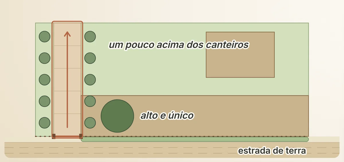A entrada da Chácara-Modelo: um elemento alto e único marca o portão, e a mesma planta, repetida, conduz o olhar ao longo do caminho