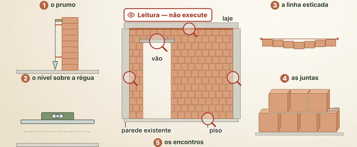 Os cinco pontos de conferência da parede nova, cada um com o seu instrumento: prumo, nível sobre a régua, linha, juntas e encontros