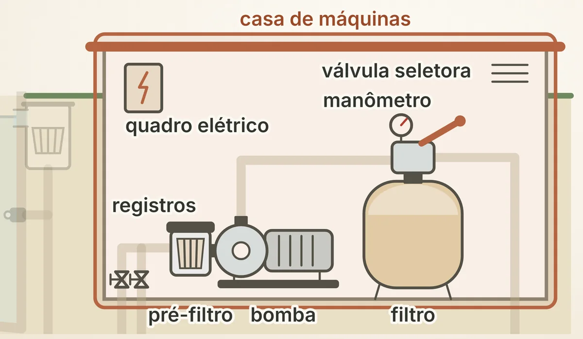 A casa de máquinas, peça por peça: registros, pré-filtro, bomba, filtro, válvula seletora, manômetro e quadro elétrico.