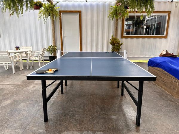 Mesa de ping-pong na área coberta, com plantas ao redor